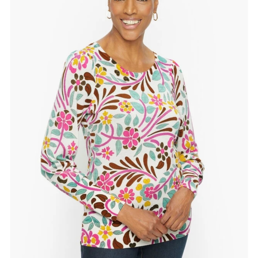 NWT.  Talbots puff sleeve merino wool pullover - Floral stitch print sz. 1X